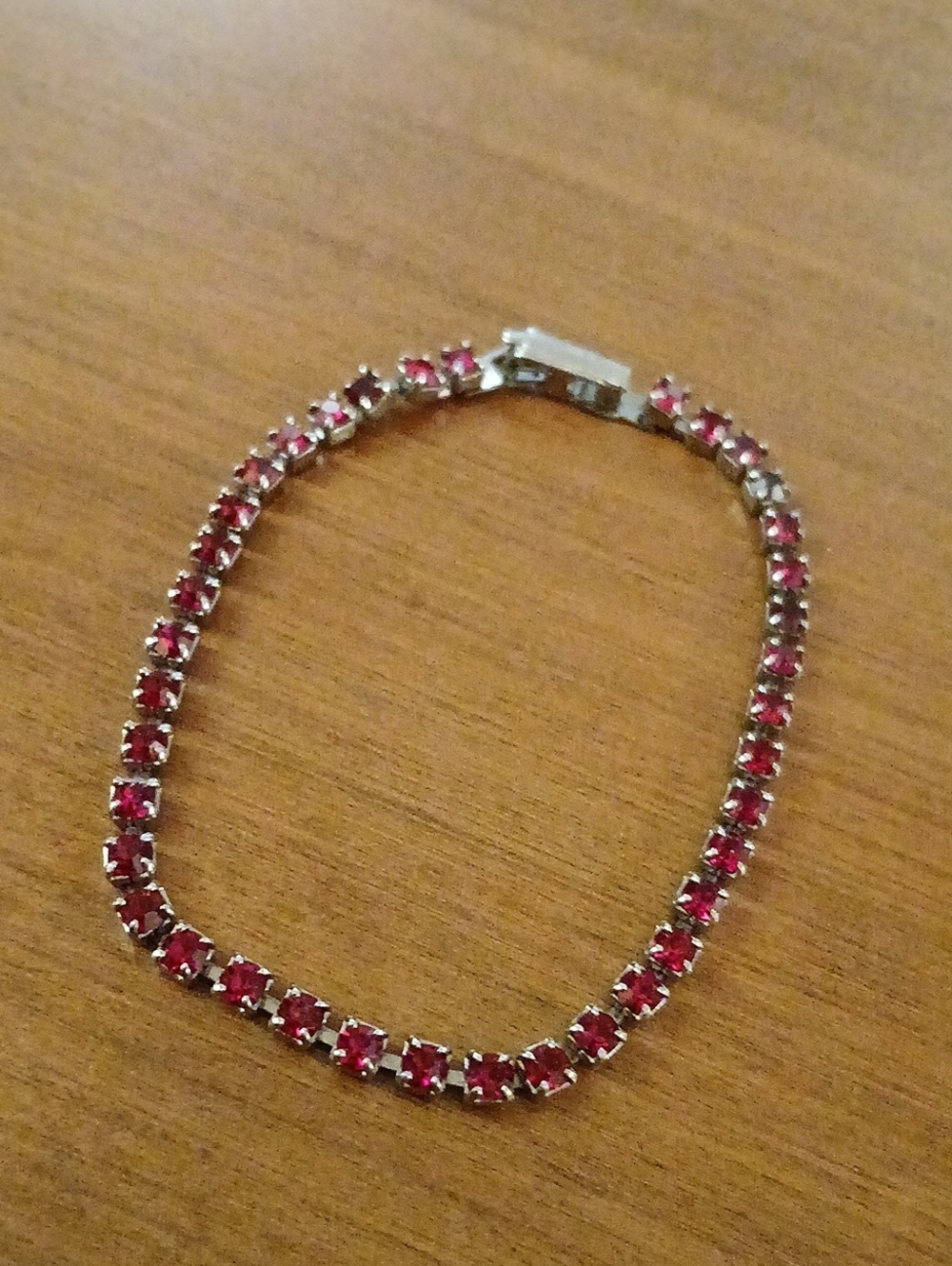 Small Silver Tone Tennis Bracelet with Red Stones Delicate Vibrant Color